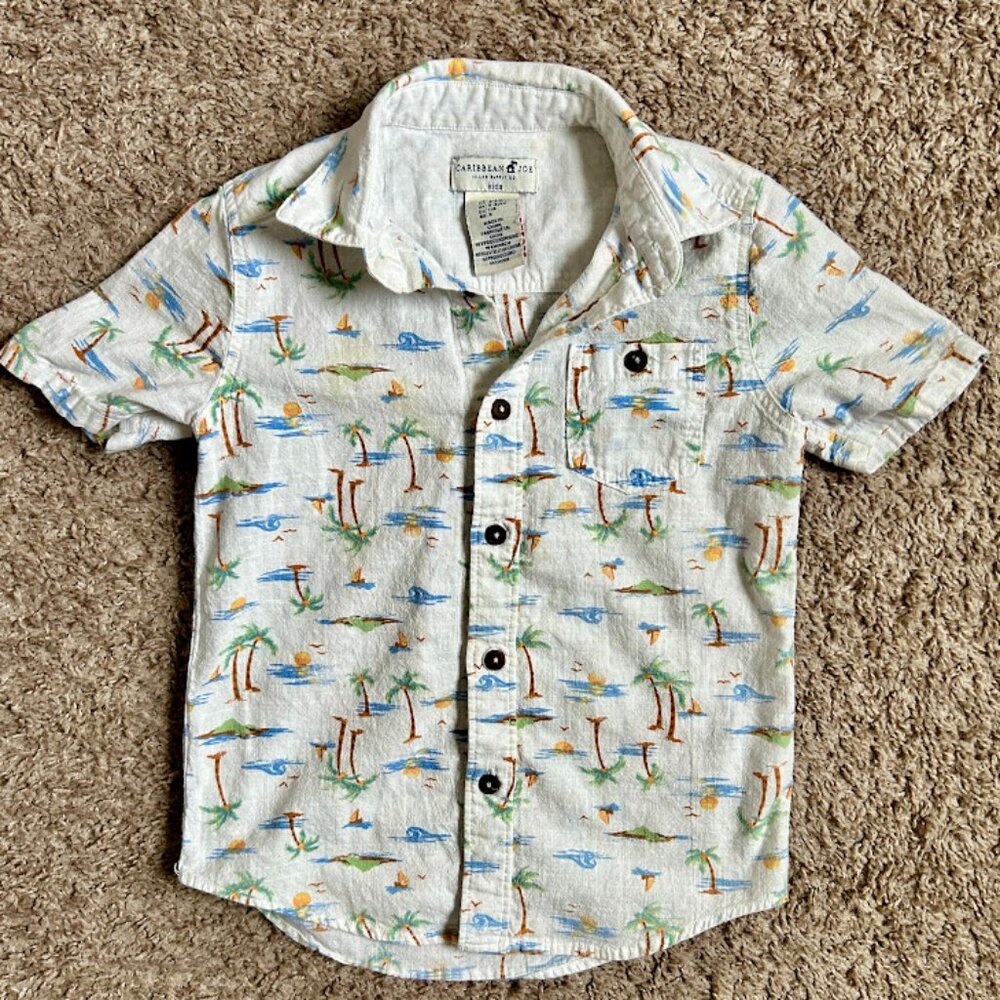 Caribbean Joe Kids Boys Tropical Palm Tree Island Button Up Shirt White Size 5/6